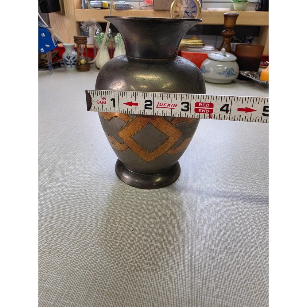 Vintage Art Deco Mixed Metal Vase Copper Brass Inlay Geometric Patinated 6.25in